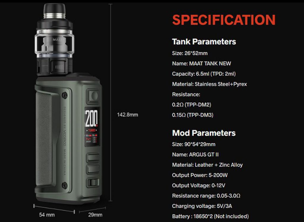 VOOPOO Argus GT 2 Kit Specification