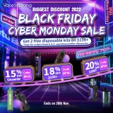15 % de réduction sur tout le site pour la vente du Black Friday et la vente du Cyber ​​​​Monday chez Vapesourcing, 18 % de réduction sur 150 $ et plus, 20 % de réduction sur 200 $ et plus