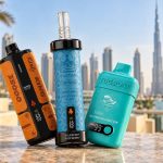 Trusted vape shop Dubai skyline with three disposable devices