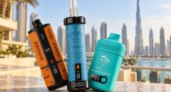 Trusted vape shop Dubai skyline with three disposable devices