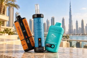 Trusted vape shop Dubai skyline with three disposable devices