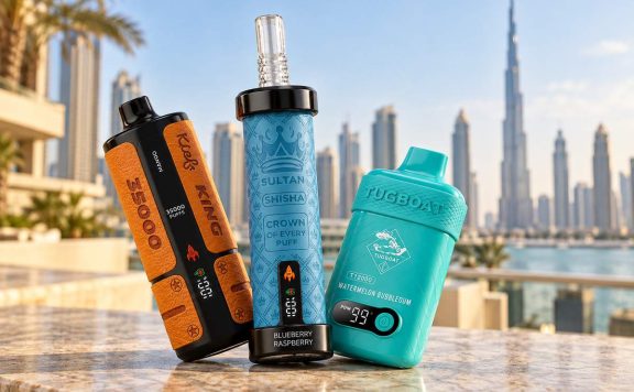 Trusted vape shop Dubai skyline with three disposable devices